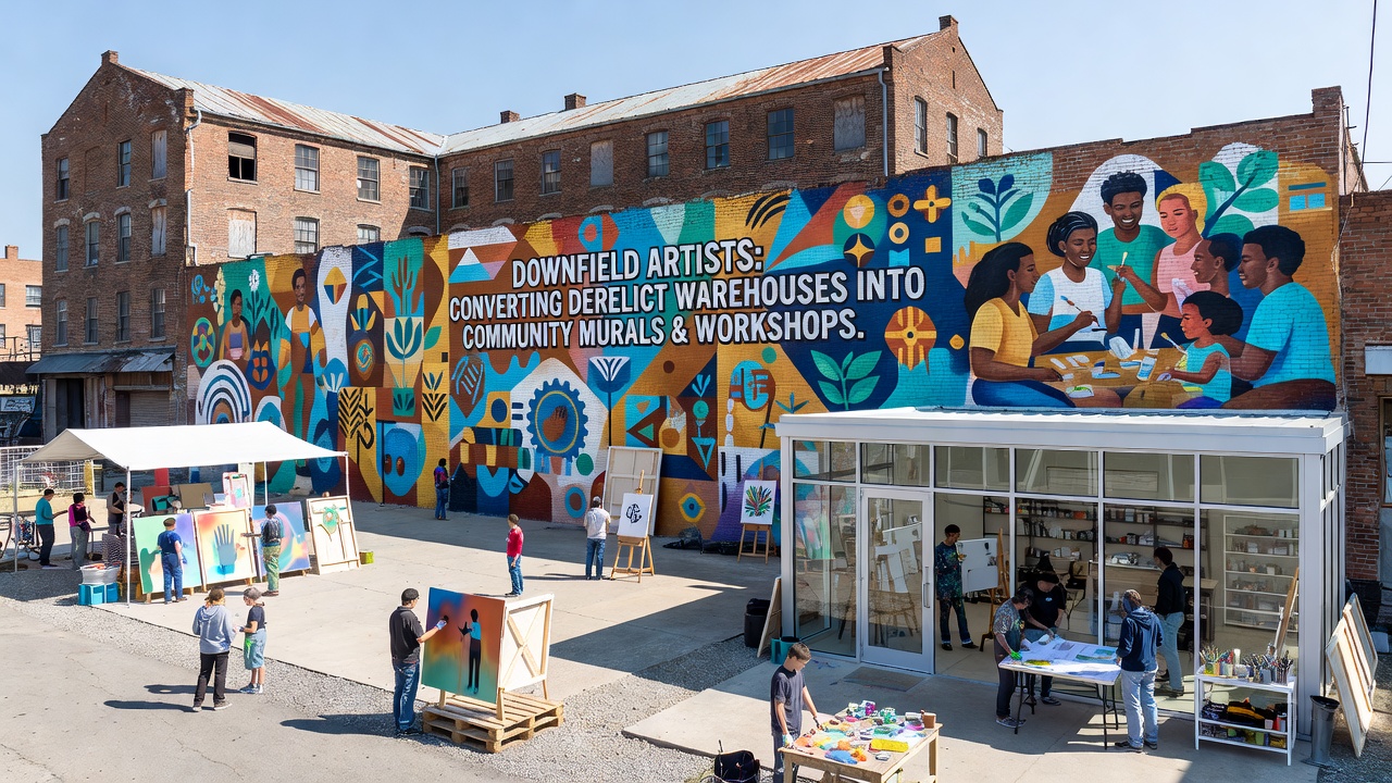 Community workshop participants applying finishing touches to a collaborative mural inside a repurposed Downfield warehouse, showing diverse age groups working together